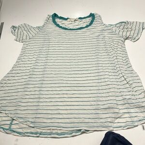 Pink Rose Medium Cold Shoulder White Blue Striped T Shirt